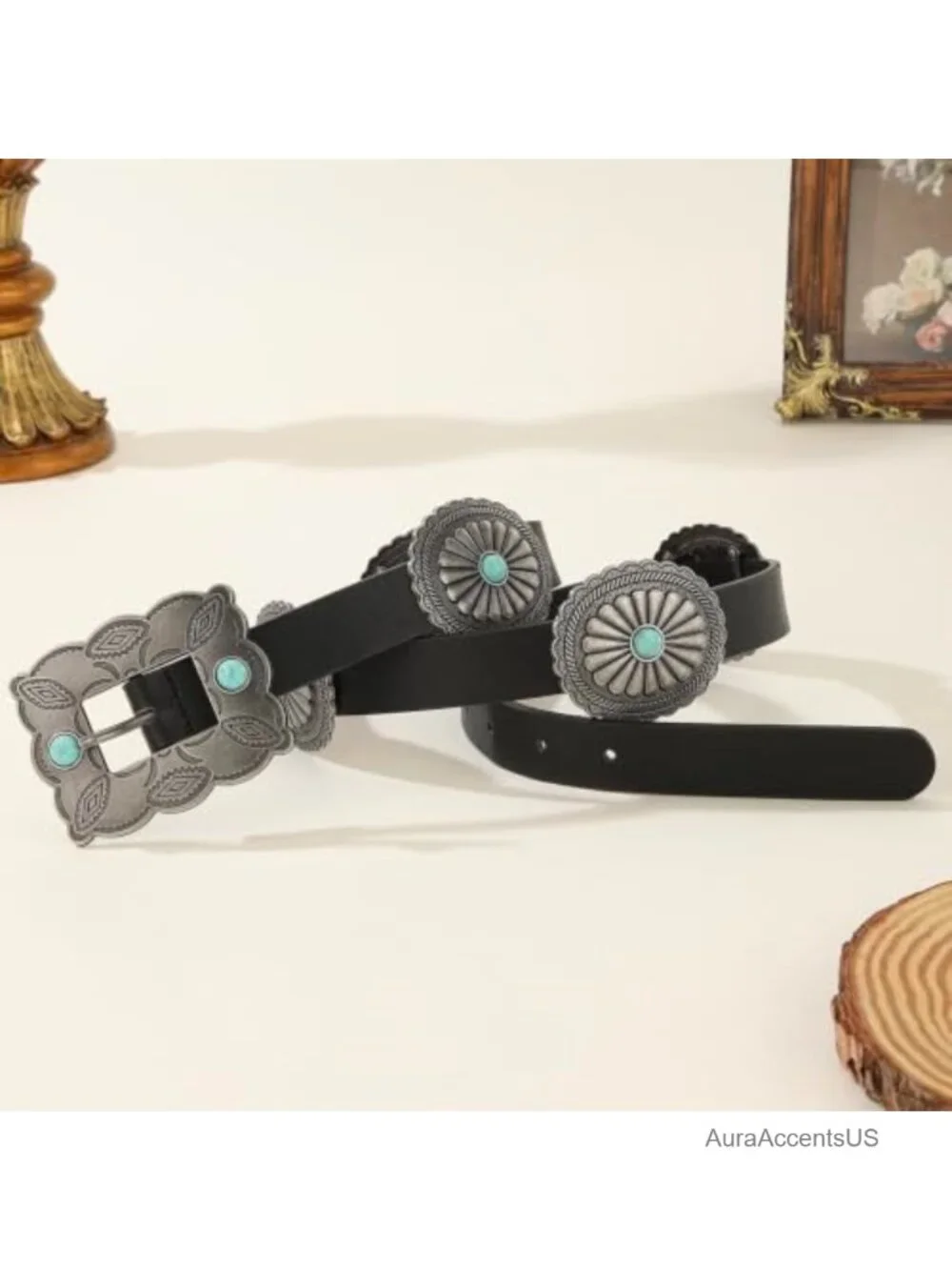 Faux Leather Western Belt with Turquoise Conchos Cowgirl Country Belt for Jeans